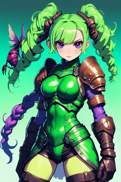 anime digital painting, 1girl, woman, heroic celtic shamaness, (muscular:1.1), leather armor, infra bright color:springgreen and purple hair, twintails, leaning forward, with a pet Giant Wasp, bombshell hair, sparkling dark color:rosybrown and copper hair, hair bobbles, soft body, wide hips, narrow waist, medium breasts, caucasian <lora:EnvyStarlightDivergent01a:1.25>