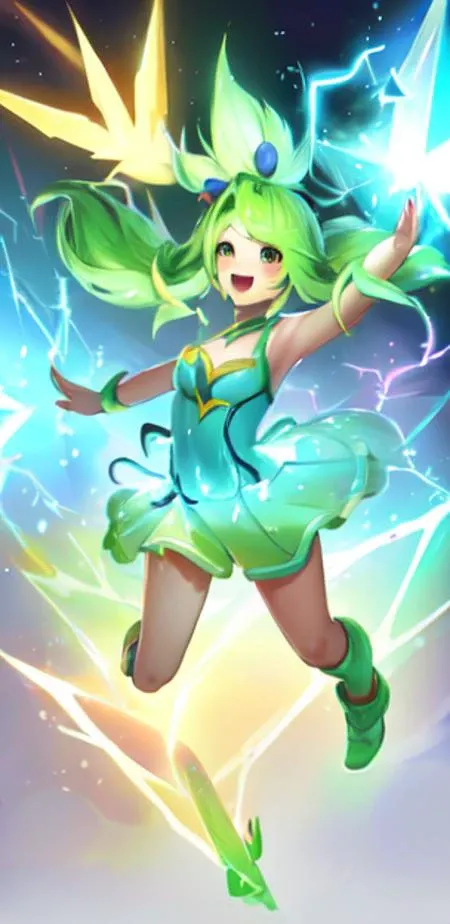 zeri \league of legends\<lora:Zeri:.8>, cute face, full body, LightningMagicAI <lora:ElementalMagicAIv2:.8>