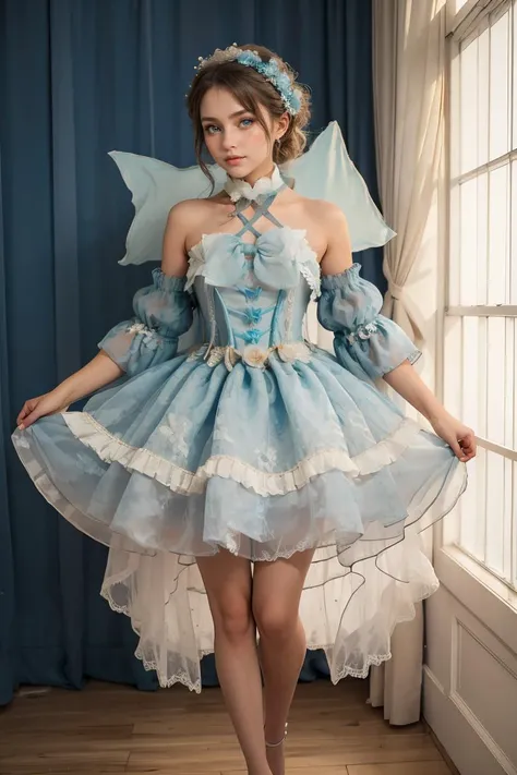 (masterpiece, best quality), 1girl, <lora:butterfly_v1.5:1> blue dress,blue sleeves , dress bow,layered dress,choker,butterfly wings,hair flower,long dress,