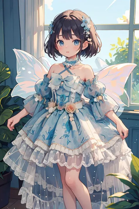 (masterpiece, best quality), 1girl, <lora:butterfly_v1.5:1> blue dress,blue sleeves , dress bow,layered dress,choker,butterfly wings,hair flower,long dress,