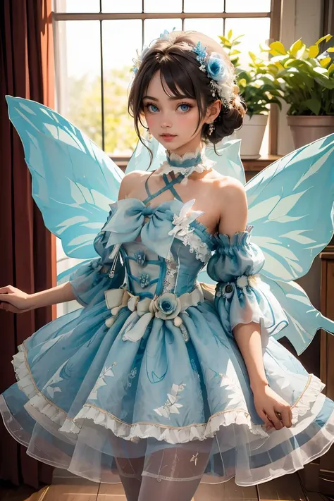 (masterpiece, best quality), 1girl, <lora:butterfly_v1.5:1> blue dress,blue sleeves , dress bow,layered dress,choker,butterfly wings,hair flower,long dress,