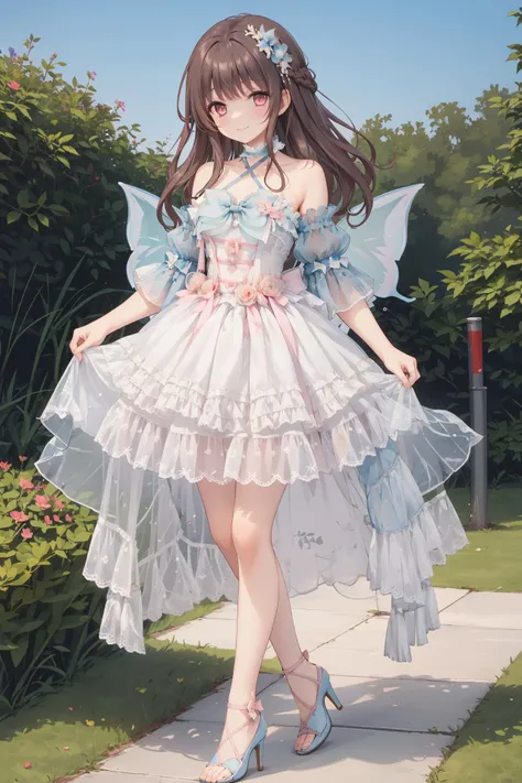 (full body:1.2),
1girl,solo, <lora:Aoi2:0.5>aoisan,red eyes,brown hair,long hair,smile,
outdoors,liquid blue sky,standing on one leg,high heels, 
 <lora:butterfly_v1.5:1>,dress bow,layered dress,choker,butterfly wings,hair flower,long dress,pink dress,pink sleeves