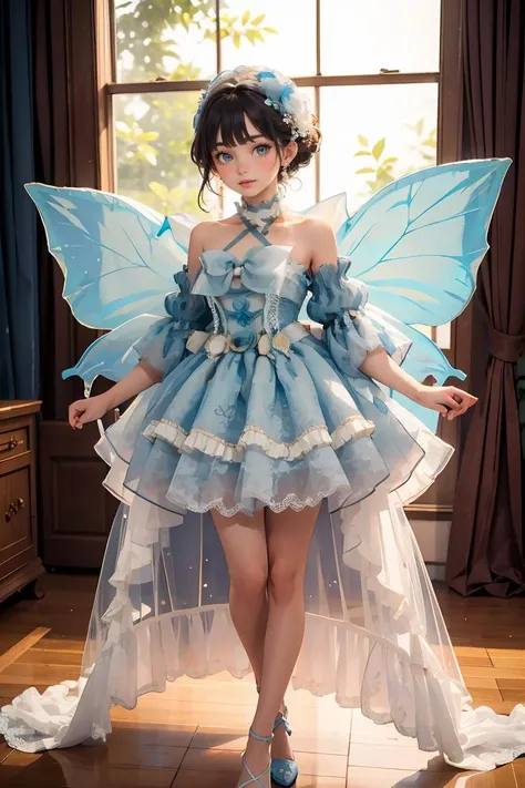 (masterpiece, best quality), 1girl, <lora:butterfly_v1.5:1> blue dress,blue sleeves , dress bow,layered dress,choker,butterfly wings,hair flower,long dress,