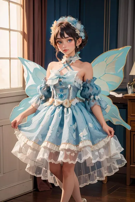 (masterpiece, best quality), 1girl, <lora:butterfly_v1.5:1> blue dress,blue sleeves , dress bow,layered dress,choker,butterfly wings,hair flower,long dress,