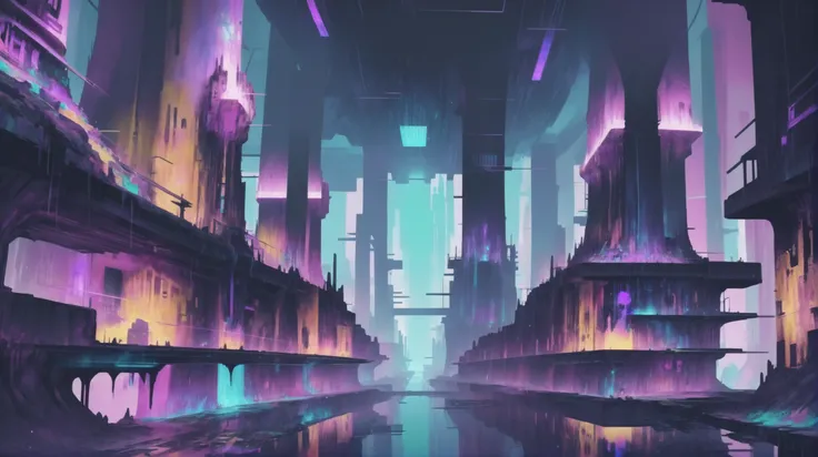 glitchcore, digital painting, cheerful,Majestic fantasy subterranean city beyond the end of the multiverse<lora:EnvyGlitchcoreXL01:0.5>