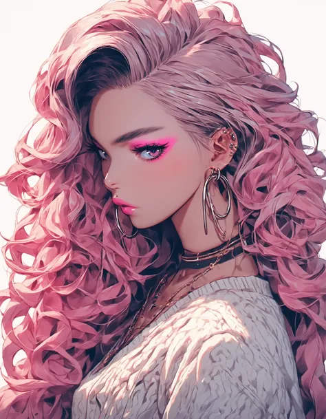 score_9, score_8_up, score_7_up, score_6_up, score_5_up, score_4_up, Niji Style, 1girl, solo, long hair, looking at viewer, blue eyes, simple background, white background, jewelry, closed mouth, jacket, upper body, pink hair, earrings, pink eyes, necklace, from side, sweater, lips, eyelashes, makeup, wavy hair, piercing, cross, lipstick, ear piercing, eyeshadow, hoop earrings, pink lips, multicolored eyes, pink theme, triangle, pink eyeshadow, source_anime, source_duskfallisgonnamakesourcesup, source_nijijourney, source_canimakeadhdmixnextpls , <lora:dusknijixlpony:1>