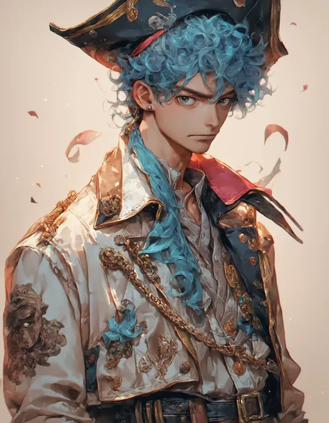 score_9, score_8_up, score_7_up, score_6_up, score_5_up, score_4_up, Niji Style, a man with blue hair on the mantel, pirate hat, wild curly hair, kawaii, pastel in the style of rumiko takahashi, simplified and stylized portraits, oshare kei, rococo, blink-and-you-miss-it detail, realistic, piratepunk, source_anime, source_pony, source_cartoon , <lora:dusknijixlpony:0.85>