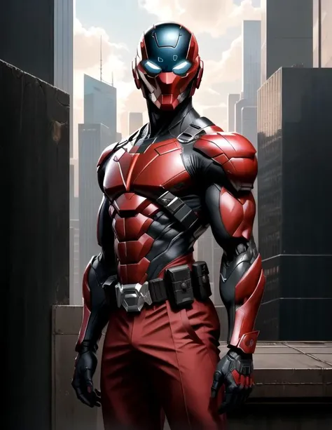 (man:1.1), masculine, red and black armor, smooth sleek armor, cybertech arms, mechanical arms, pants, utility belt large pouches, gloves, (futuristic smooth helmet with face covered:1.1), muscular, superhero,(detailed eyes:1.1),perfect eyes, standing on skyscrapers roof top, skyscrapers, high detailed, high res, high quality, comic style, detailed face, <lora:nijiarmor_v2:0.6> <lora:Muscular-10:0.6>