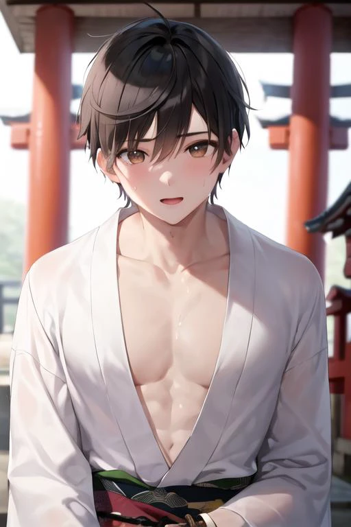masterpiece, best quality, cute and beautiful boy, highly detailed beautiful face and eyes,highly detailed skin,
(1boy:1.4), solo, pov, short hair, brown eyes, black hair, abs:0.8, muscled:0.7,
Shinto shrine, kimono, male, <lora:MISC_Muscular_v1:0.8>,