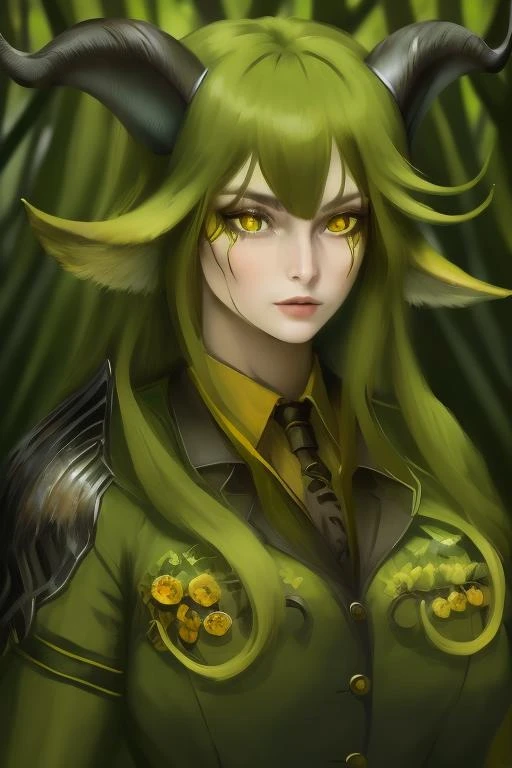 woman in a mythical forest, masterpiece, perfect face, intricate details, horror theme <lora:degen:1> Green uniform, yellow eyes, animal ears, horns, degen