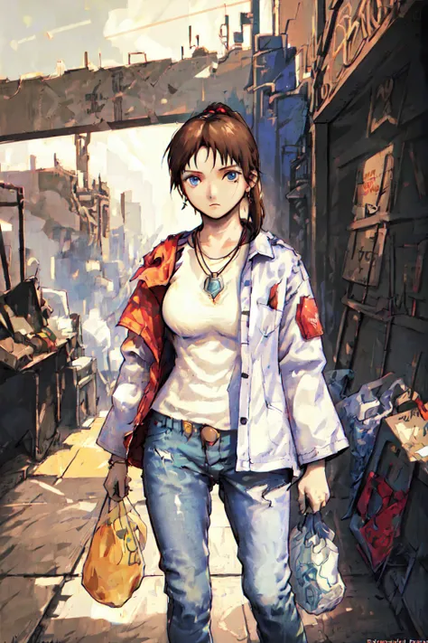 <lora:abe:0.8>, masterpiece,best quality,1girl,solo,medium breasts,((album cover)), light on face,slim body,exoskeleton, metal gear,cyberpunk style,ponytail,brown hair, blue eyes, pants, jeans, denim, bottle, jewelry, breasts, holding, white jacket, bag,