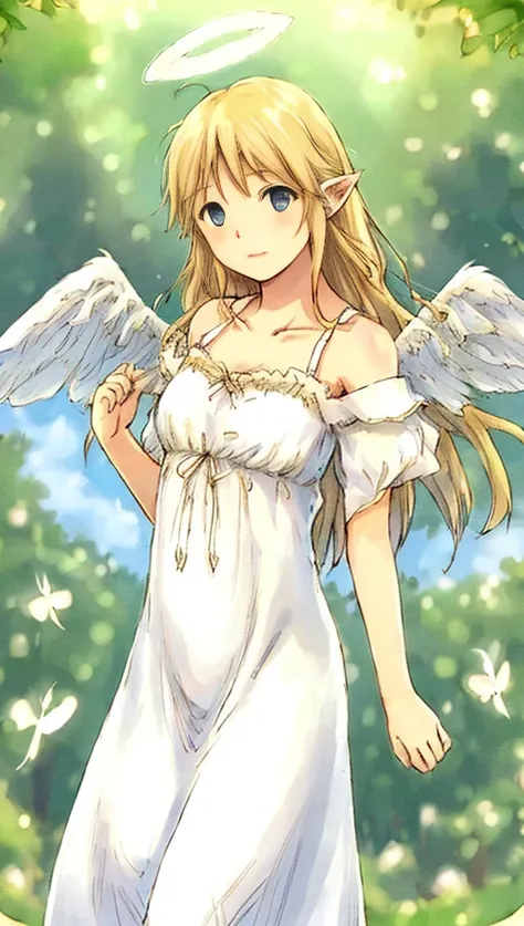 (watercolor:0.2), (translucent halo), (angel girl with angel wings:1.5) , (white translucent peasant dress with lace and silk), <lora:yoshitoshiAbe_v10:0.6> old world buildings