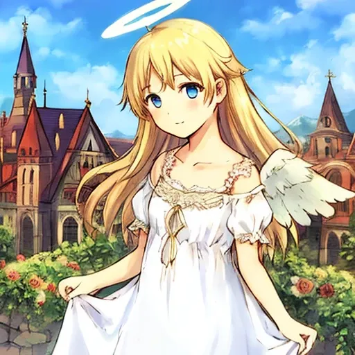 (watercolor:0.2), (translucent halo), angel girl with angel wings ,  (white translucent peasant dress with lace and silk),   <lora:yoshitoshiAbe_v10:0.6>   old world buildings