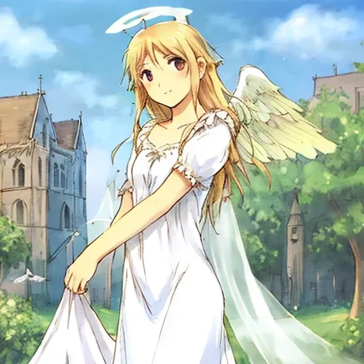 (watercolor:0.2), (translucent halo), (angel girl with angel wings:1.5) , (white translucent peasant dress with lace and silk), <lora:yoshitoshiAbe_v10:0.6> old world buildings