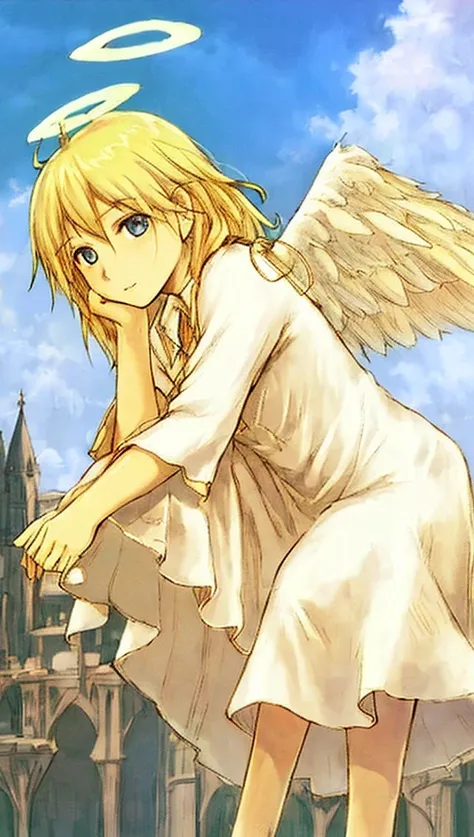 (translucent halo), (angel girl with (angel wings:1.5)) , (messy golden blonde hair), (white translucent peasant dress with lace and silk), <lora:yoshitoshiAbe_v10:0.8> old world buildings
