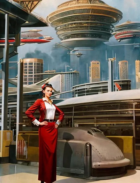 woman. standing in airport, atompunk city <lora:Atompunk:0.8>