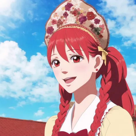<lora:kokoshnik:1.0>, kokoshnik, wearing hat, headpiece,
<lora:lovelycomplex3:1>, 1girl, bow, clouds, cloudy sky, ears, eyelashes, hair bow, highres, lips, long hair, looking at viewer, mouth hold, pocky, ponytail, red eyes, redhead, sky, smile, solo