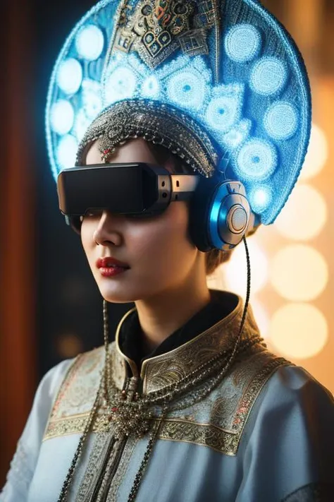 <lora:kokoshnik:0.9>, kokoshnik, wearing hat, headpiece, intricate details, hair ornament,
1girl, 
cyberpunk style, science fiction, futuristic, 
headphones, head-mounted display, vr googles, slavic clothes, lasers, lights