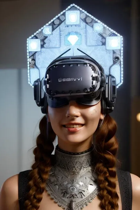<lora:kokoshnik:1.0>, kokoshnik, wearing hat, headpiece, intricate details, hair ornament,
1girl,
cyberpunk style, science fiction, futuristic,
headphones, (head-mounted display:1.4), (vr googles:1.4), lights,
(cyborg, augmented:1.4),
slavic clothes, russian, twin braids, chocker, covered face,
looking at viewer, smile,
