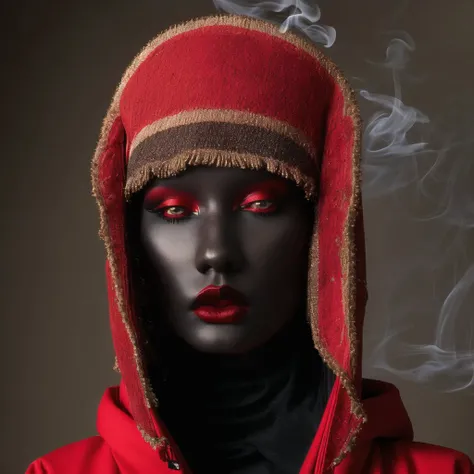 <lora:kokoshnik:1.0>, kokoshnik,  wearing hat, 
<lora:balenciaga:1>, balenciaga, photo \(medium\), 1girl, brown eyes, cigarette, cloak, dark skin, eyeshadow, gloves, hood, hooded cloak, lipstick, makeup, red cape, sitting, smoke, solo, sunglasses on head, white hair