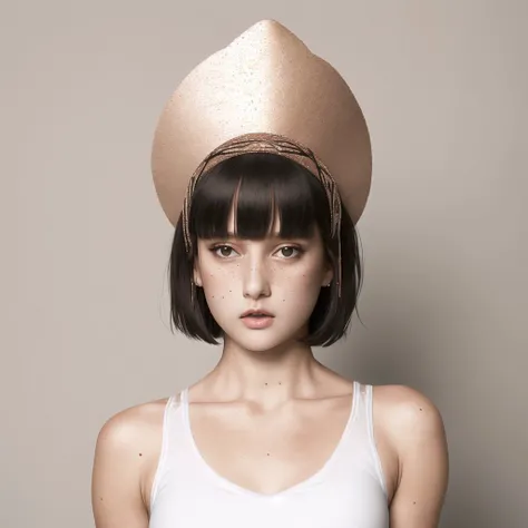 <lora:kokoshnik:1.0>, kokoshnik, wearing hat, headpiece,
solo, 1girl, masterpiece, best quality, black hair, (white camisole), brown eyes, bob cut, blunt bangs, brown eyes, blush, black hair, steaming, (freckles:0.8), collarbone, exposed shoulders, small breasts, empty background, white background, :o, confused, (?)