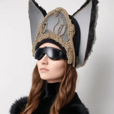 <lora:kokoshnik:1.0>, kokoshnik, wearing hat, headpiece, animal ears, bodysuit, cropped legs, elbow gloves, furry, gloves, goggles, highres, long hair, monochrome, solo, tail, wrench