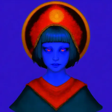<lora:kokoshnik:1.0>, kokoshnik,  wearing hat, 
<lora:gravemudart:1>, gravemudart, simple background, horror \(theme\), demon-like head, scary face, strange, creepy, 1girl, arm up, armpits, blue background, blue eyes, cape, hair rings, highres, looking at viewer, multicolored, multicolored eyes, open mouth, purple hair, short hair, solo, upper body, violet eyes