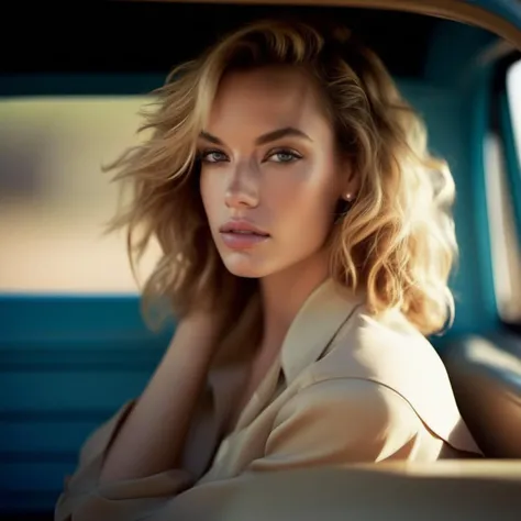 hannahferguson  <lora:hannahferguson_sdxl:1> hannahferguson, beauty photography, beautiful shy young  woman, age 30, bob hairstyle, sitting, face closeup, vintage chevy beige truck,  chiaroscuro lighting, eye level, shot on large format, Fujicolor Pro, bokeh, in style of Miles Aldridge