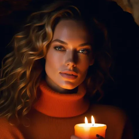 hannahferguson <lora:hannahferguson_sdxl:1> hannahferguson, beauty photography, (close up face shot:1.2), beautiful shy young woman holding a candle to her face, age 30, wearing a orange turtle neck sweater, curly hairstyle, standing in a dark cave, candle lighting, eye level, shot on large format, Fujicolor Pro, bokeh, in style of Miles Aldridge