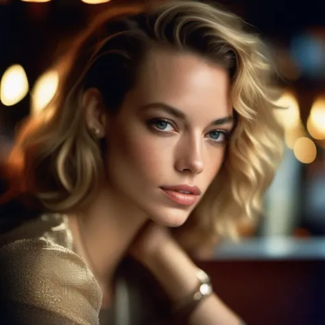 hannahferguson <lora:hannahferguson_sdxl:1> hannahferguson, beauty photography, beautiful shy young woman, age 30, bob hairstyle, sitting, face closeup, 70s clothing, vintage coffee shop, chiaroscuro lighting, eye level, shot on large format, Fujicolor Pro, bokeh, in style of Miles Aldridge