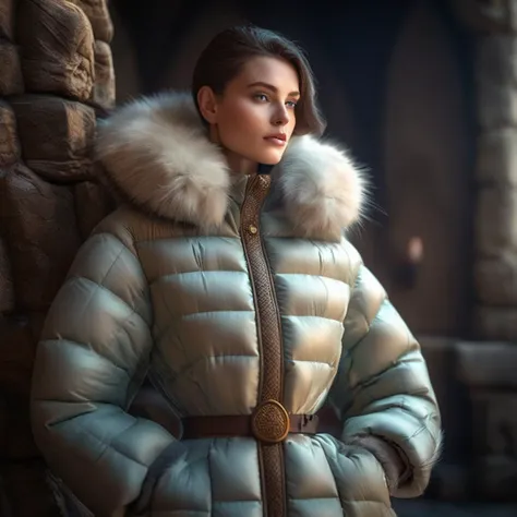 1girl, down Jacket, fur jacket, puff, fashionable style,A prehistoric setting, prehistoric clothes, Fine facial details, Futuristic design, Exquisite facial features, close-up, beautiful studio soft light, rim light, vibrant details, hyperrealistic, elegant, beautiful background, 8k, best quality (medieval:2) old style fashon french culture (colored:2) <lora:fashion_jacket_lora:1>