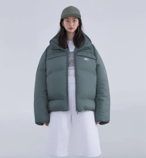 <lora:fashion_lora:2>, Puff, Down jacket, (Clean white background:0.8), 1girl, solo, 8k, Octane rendering, (Full body:0.8), Photo quality, (realistic:1.37), (Real lighting:1.3), Fine facial features, Detail Shadow, Oval face, Mid split long hair, double-fold eyelids, Seven headed body, White teeth, White skin, Parallel perspective, Long sleeved, Velcro, double zipper, (Nine headed body:0.75), fashion, short style, hat, long sleeve, V quilted suture, cuff rib, knot, pull rope, zipper, white clothing, shoes, sunglasses, single person, sneakers, shorts, jacket, socks, standing, gray background, whole body, 1 girl, open clothes, gradual change, gradual change background, shirt, black hair, long sleeve, open jacket, necklace, bag
