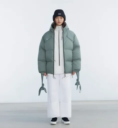 <lora:fashion_lora:1.5>, <lora:ana_lora_sdxl_v3-000008:1>, Puff, Down jacket, (Clean white background:0.8), 1girl, solo, 8k, Octane rendering, (Full body:0.8), Photo quality, (realistic:1.37), (Real lighting:1.3), Fine facial features, Detail Shadow, Oval face, Mid split long hair, double-fold eyelids, Seven headed body, White teeth, White skin, Parallel perspective, Long sleeved, Velcro, double zipper, (Nine headed body:0.75), fashion, short style, hat, long sleeve, V quilted suture, cuff rib, knot, pull rope, zipper, white clothing, shoes, sunglasses, single person, sneakers, shorts, jacket, socks, standing, gray background, whole body, 1 girl, open clothes, gradual change, gradual change background, shirt, black hair, long sleeve, open jacket, necklace, bag