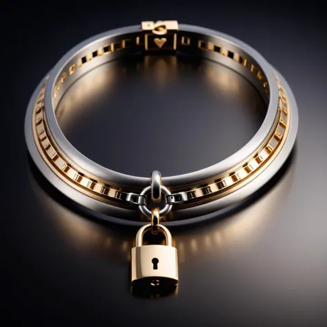 Long exposure photo of <lora:Choker-FFashion-Part1-32.LORA:1> a gold and silver choker with a lock, rendered in keyshot, jewelry photography, cartier style, highly detailed product photo, keyshot product render, lock, cartier, keyshot render, gold bracelet for neck, silver with gold accents, ultra detailed 16k, by Andrei Kolkoutine, keyshot product render pinterest, in style of mike savad, jewelry design . Blurred motion, streaks of light, surreal, dreamy, ghosting effect, highly detailed