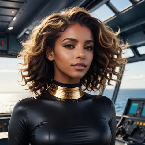 cinematic photo <lora:Choker-FFashion-Part1-32.LORA:1>, Dichromatic, behance, Moorish choker on neck of Elements driving a Seaplane carrier, ð, Dancing, her hair is Gold, concept art . 35mm photograph, film, bokeh, professional, 4k, highly detailed