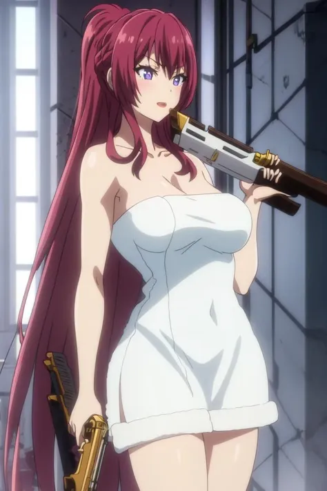 masterpiece, best quality, naked:1,4, big boobs, IrisMidgarV4, 1girl, solo, long hair, red eyes, braids, serious, red hair, holding, gun, sword, holding weapon, sitting on bed