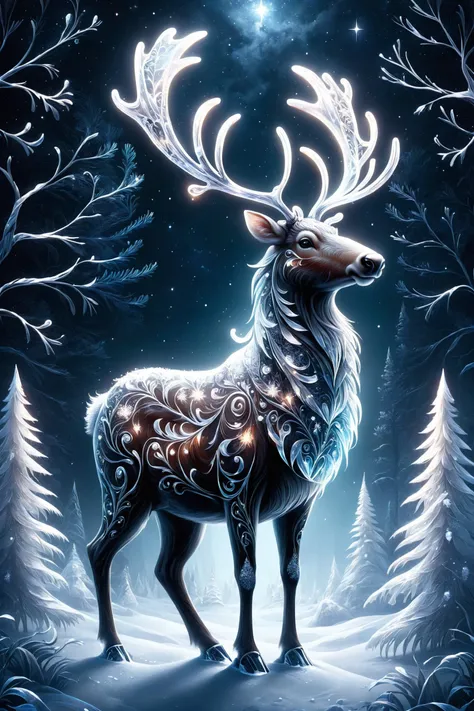 <lora:SDXLFrosted:0.8> FrostedStyle, reindeer, forest, fantasy, darkness, dark, night, night sky,