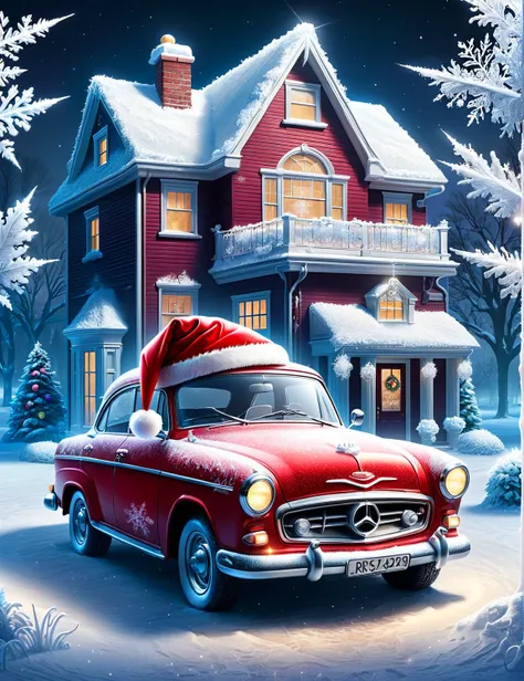 <lora:SDXLFrosted:0.8> FrostedStyle, santa's car parked outside his house
