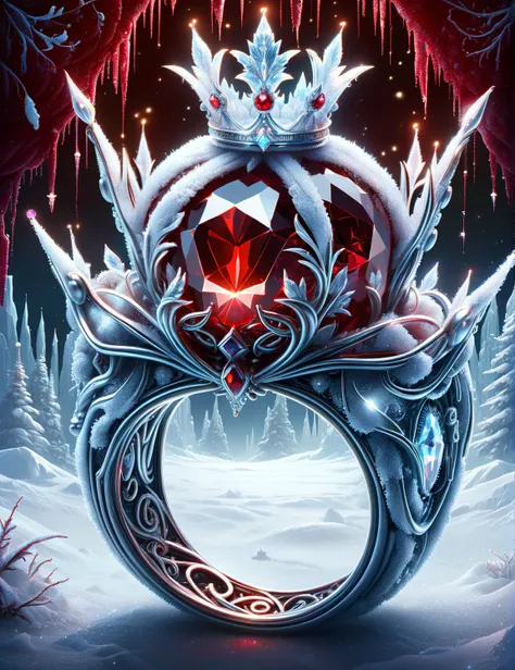 <lora:SDXLFrosted:1> FrostedStyle A magical ring which has a red glowing gem, epic royal background, big royal uncropped crown, royal jewelry, robotic, nature, full shot, symmetrical, Greg Rutkowski, Charlie Bowater, Beeple, Unreal 5, hyperrealistic, dynamic lighting, fantasy