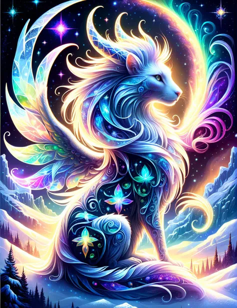 <lora:SDXLFrosted:1> FrostedStyle art by Alice Rahon anne stokes, Callie Fink Mythical creatures, glowing in chromatic hues, bathed in the celestial light of the northern lights and the mystical aura of dusk. They stand majestically amidst a panorama of stars and a vast, breathtaking galaxy, surrounded by the enchanting beauty of the myth. Captured with a macro lens, the intricate details of these creatures are brought to life, revealing their divine and sacred nature. The mood is awe-inspiring and magical, the atmosphere is filled with the cosmic wonders of the universe. digital painting, highly detailed, intricated, intricated pose, clarity, high quality