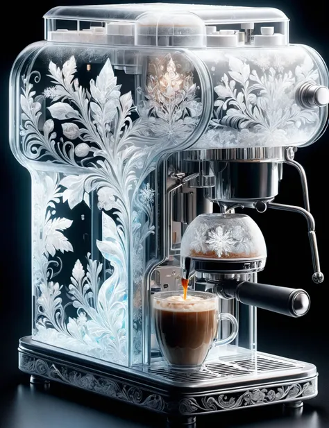 breathtaking isometric style <lora:SDXLFrosted:1> FrostedStyle Highly detailed Dynamic shot of a transparent frosted glass coffee machine, extremely detailed, peppermint coffee . vibrant, beautiful, crisp, detailed, ultra detailed, intricate . award-winning, professional, highly detailed