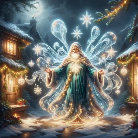 (ral-exposure, long exposure:1.2),The Ghost of Christmas Present is a jovial and larger-than-life spirit, radiating warmth and mirth. Cloaked in vibrant robes adorned with festive holly and ivy, this spirited entity embodies the joyful essence of the holiday season. With a hearty laugh that echoes through the air, the Ghost of Christmas Present reveals the abundance and generosity of the present moment, guiding with a benevolent demeanor and an infectious enthusiasm for the celebrations that unfold during this magical time of year <lora:SDXLFrosted:0.8> FrostedStyle, <lora:ral-exposure:0.8><lora:add-detail-xl:0.8>