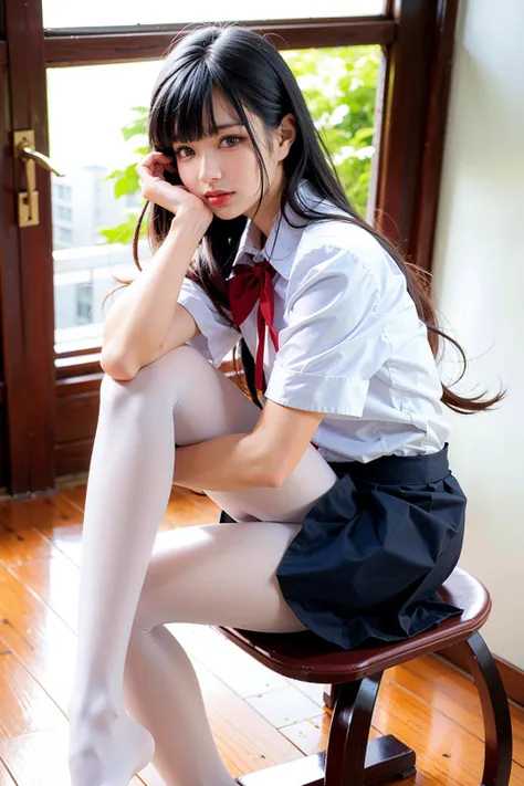 8K raw photo, Best quality, masterpiece, ultra high res, natural skin texture, realistic eye and face details,(looking at viewer, facing viewer), full lips, lipstick, red eyeshadow,  beautiful legs, tall female, skinny, thick thighs, 1girl, solo,school uniform ,shirt,white pantyhose, <lora:whitestocking:0.7:siwa>,sitting