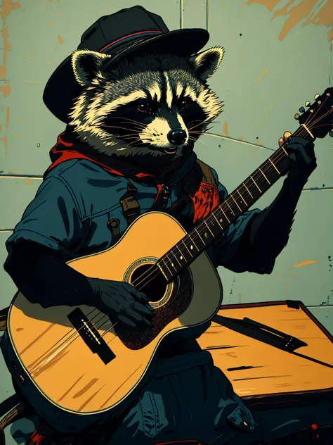 master piece, high quality, A raccoon, musician, guitar strums tunes, J_poster <lora:J_poster:0.8>