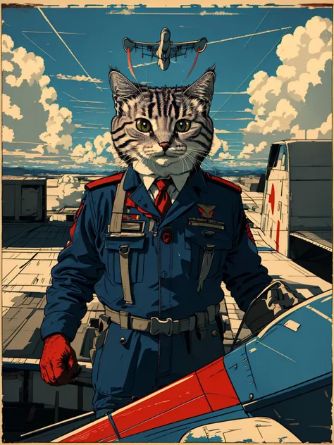 master piece, high quality, A cat, pilot, uniform flies small plane, J_poster <lora:J_poster:1>