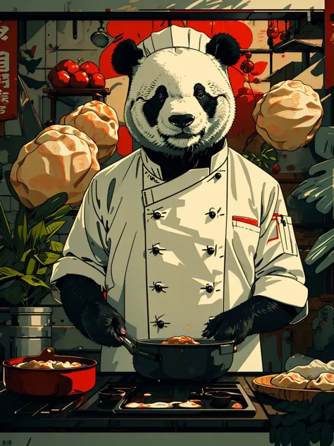 master piece, high quality, A panda bear, chef, white uniform, cooks dumplings, J_poster <lora:J_poster:0.8>