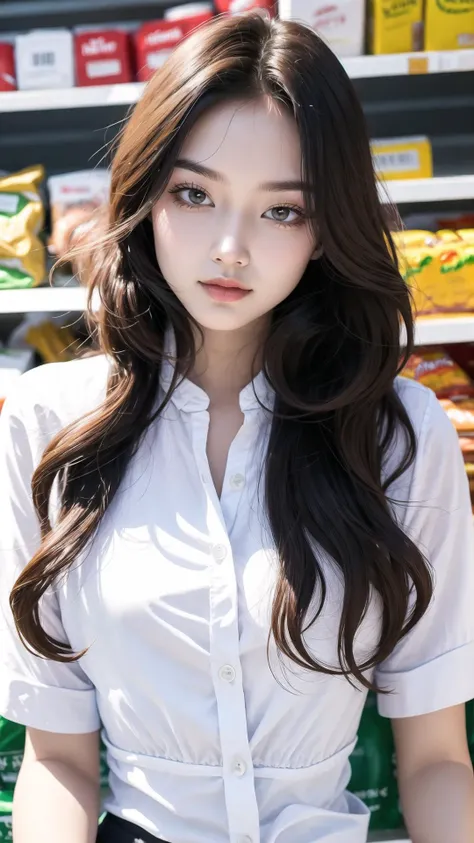 sexy lady, white button shirt,large breast,summer day, long wavy hair, in the supermarket, summer day, (masterpiece,best quality:1.5),portrait