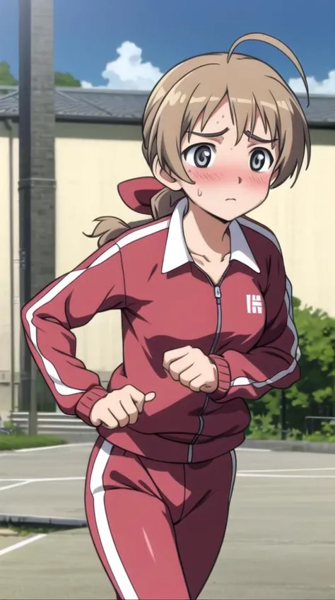 masterpiece, best quality,
lynette bishop, 1girl, ahoge, single braid, ribbon, blush, sweat,
running, track suit,
outdoors,
<lora:strike-witches-501st-lynette-bishop:0.7>