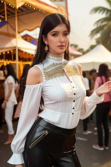 hires  photo of a 30-year-old shka woman, studio quality, looking straight at viewer, at a carnival, realistic skin texture, ((high neck fashionable white  blouse)), long black hair,  background bokeh  <lora:shka_Shanaya_Kapoor_SD15_Runpod_LoRA:1>