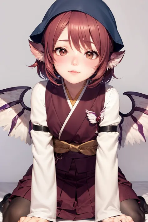 masterpiece, best quality, <lora:lorelei:1>,mystia lorelei, 1girl,1girl, solo, okamisty, animal ears, wings, head scarf, japanese clothes, short hair, blush, pink hair, sweat,grey background,